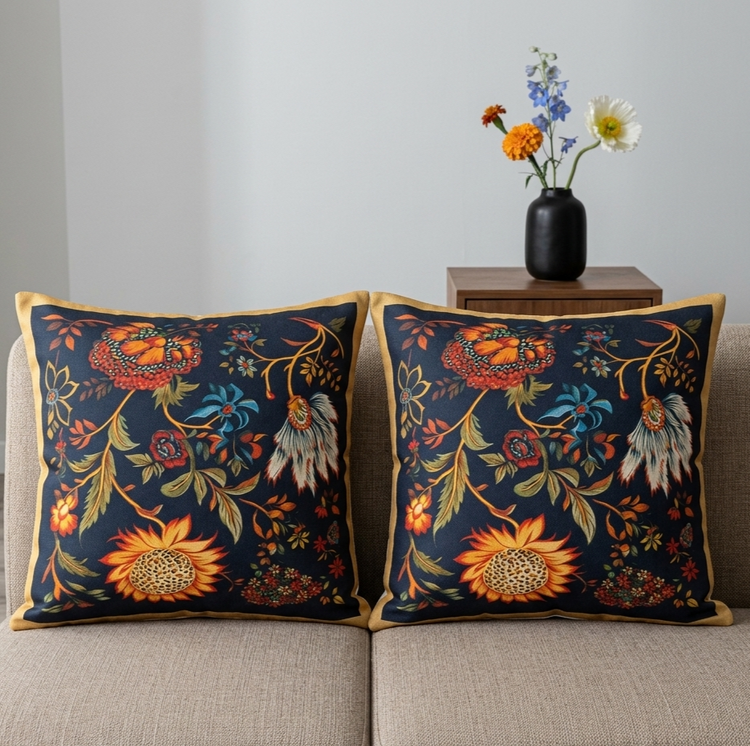 Two navy cushion covers with orange flowers and curling leafy branches on a sofa.