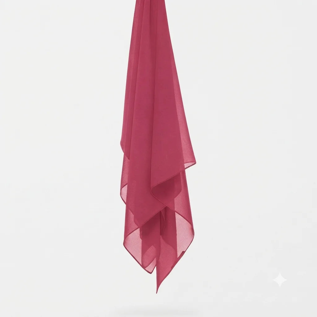 Bright pink chiffon stole hanging vertically to show its light fabric.