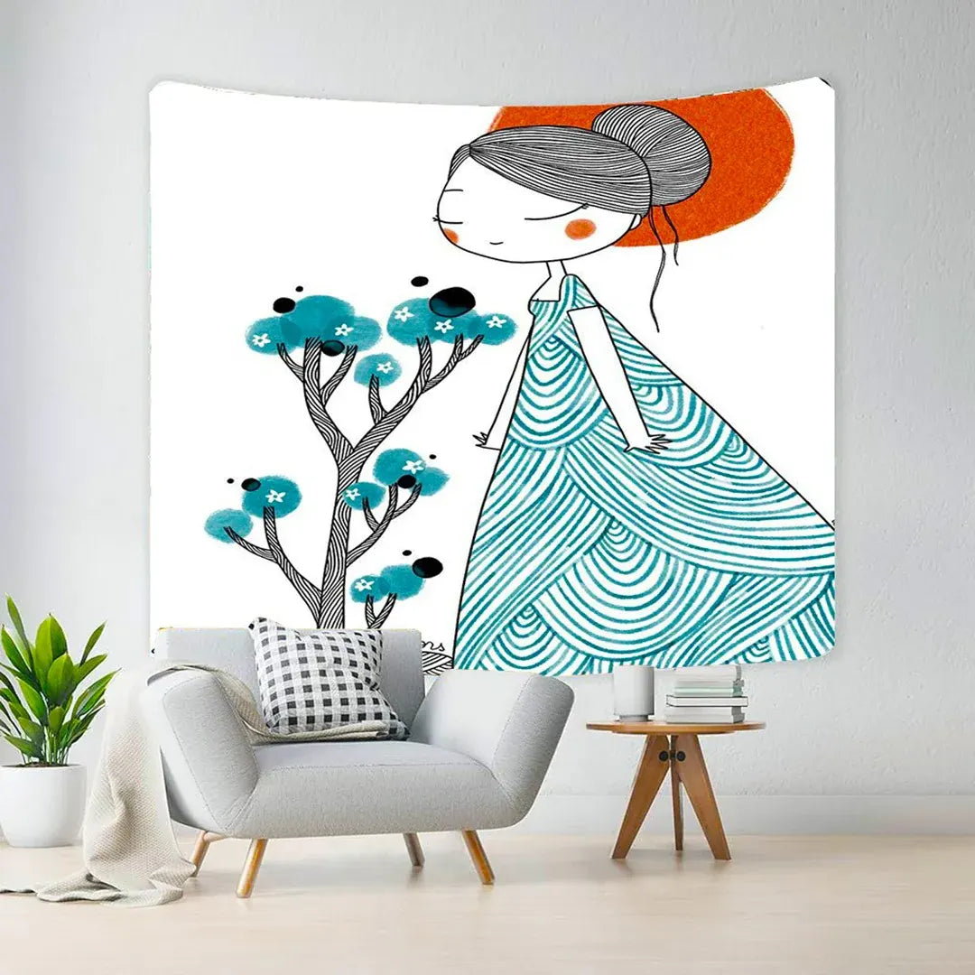 White tapestry with a stylised woman in a teal dress beside flowers.