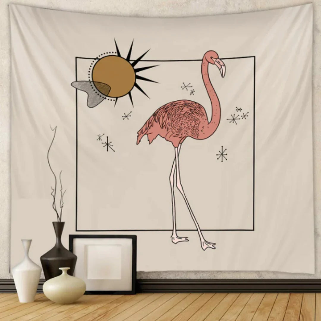 Cream tapestry with a pink flamingo, sun and small star illustrations.