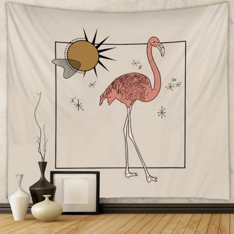 Cream tapestry with a pink flamingo, sun and small star illustrations.