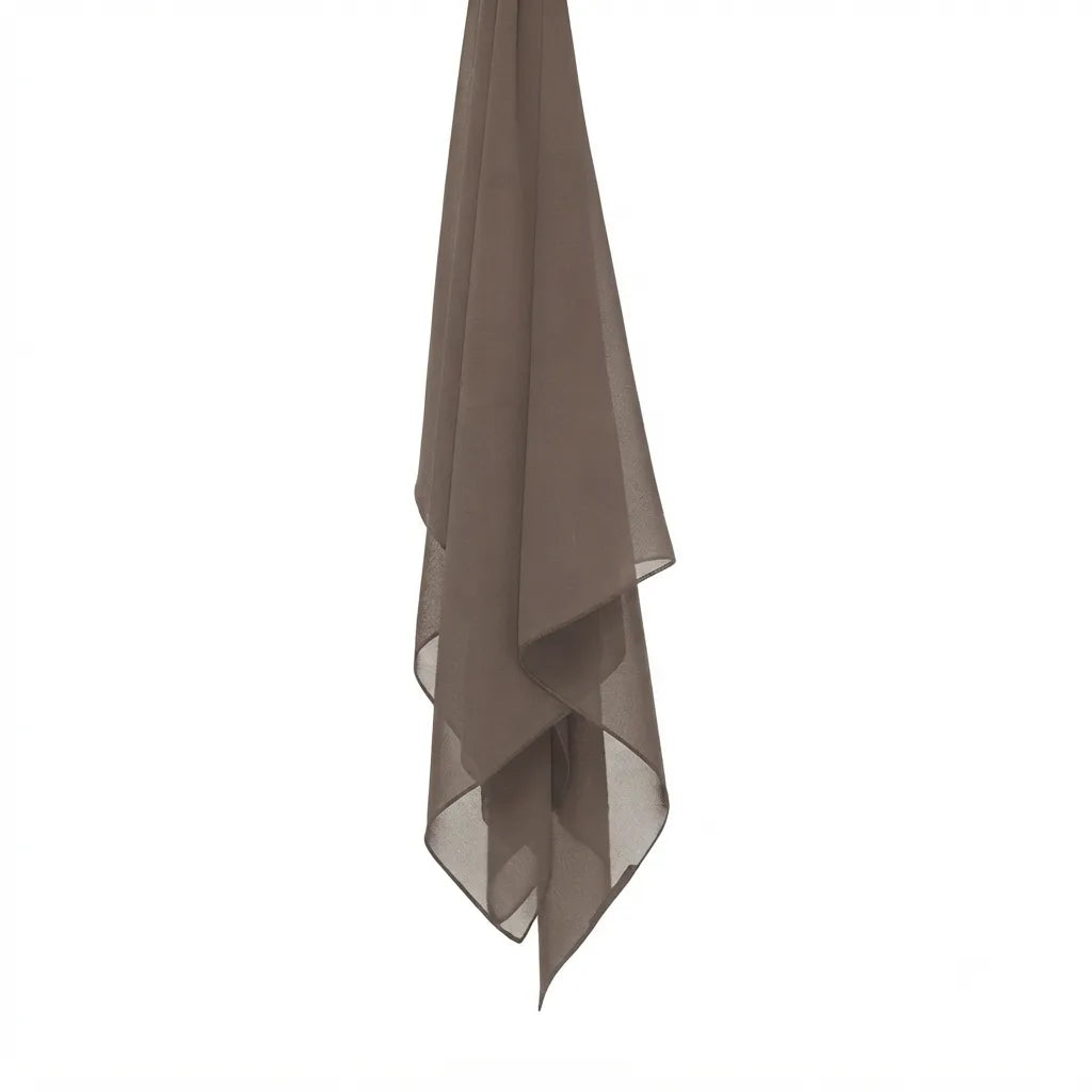 Taupe chiffon stole hanging vertically to show its light fabric.