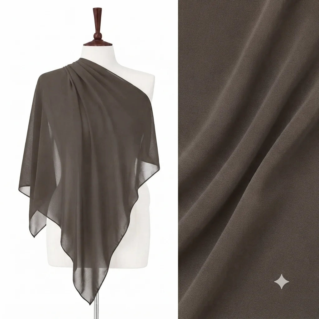 Taupe chiffon stole on a mannequin with a fabric close-up.