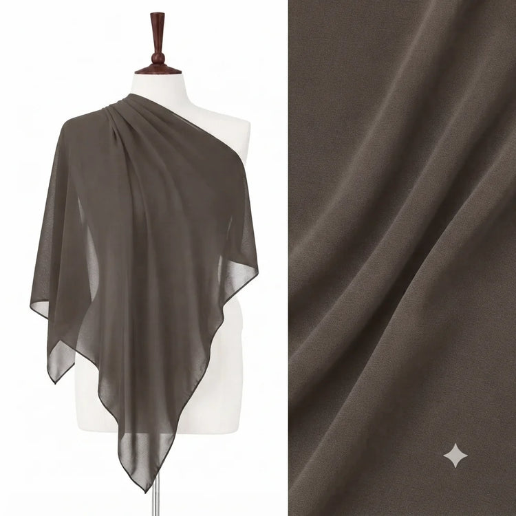 Taupe chiffon stole on a mannequin with a fabric close-up.