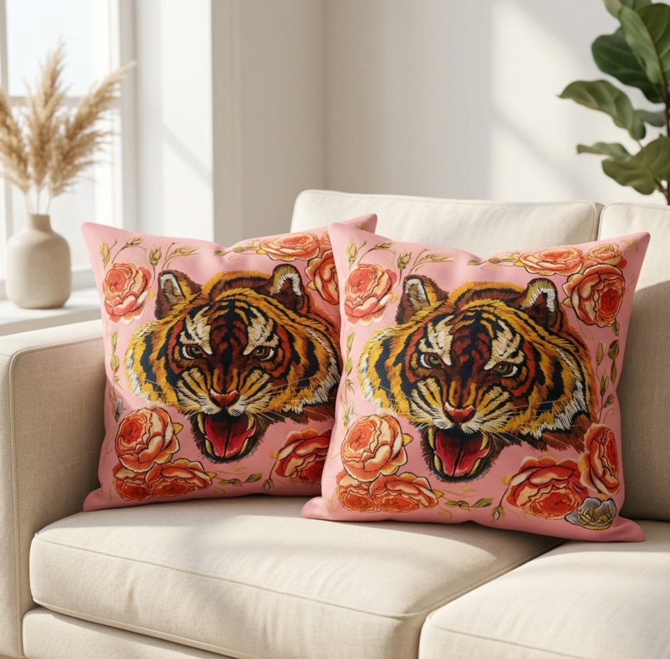 Two pink cushion covers with tiger faces and orange roses on a sofa.