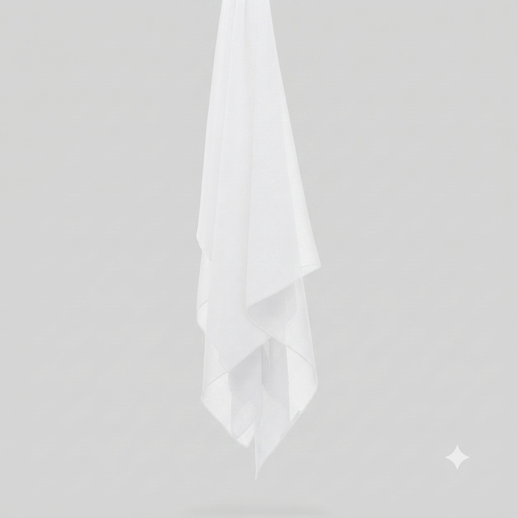 White chiffon stole hanging vertically to show its light fabric and hem.