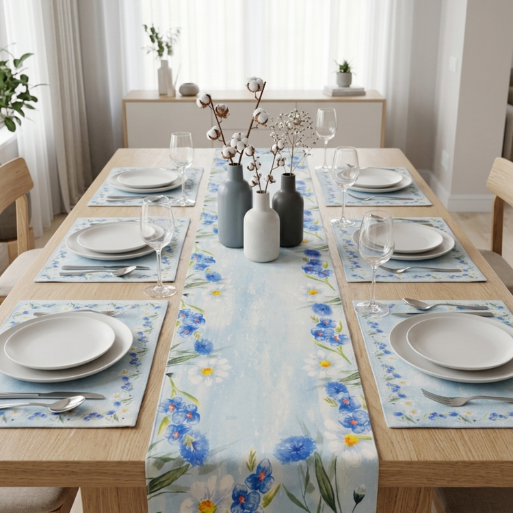 Pale blue and cream floral table runner with matching placemats.
