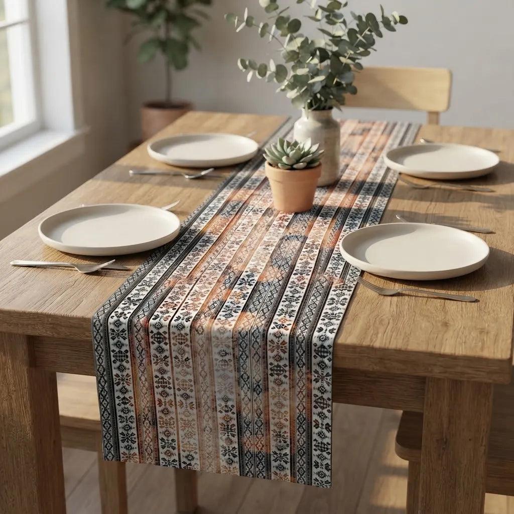 Striped table runner with rust, black and cream geometric patterns on a wooden dining table.