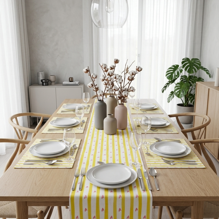 Yellow and white striped table runner with matching placemats.