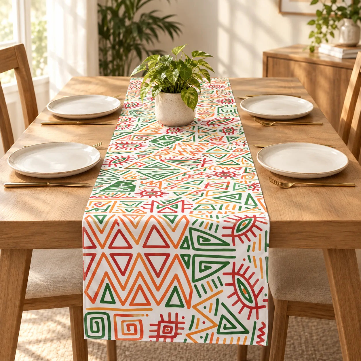 A colorful table runner with a geometric tribal pattern in green, orange, red, and yellow on a white background, styled on a wooden dining table with plates and a small potted plant.