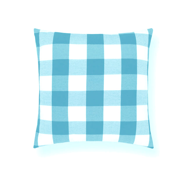 Turquoise and white gingham checked filled cushion.