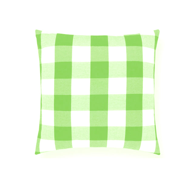 Lime green and white gingham checked filled cushion.