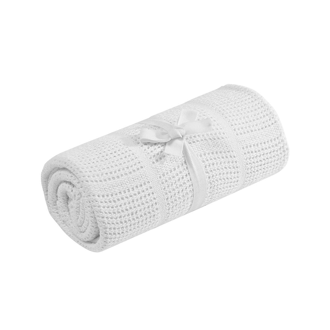 Rolled white cellular blanket tied with a white ribbon.