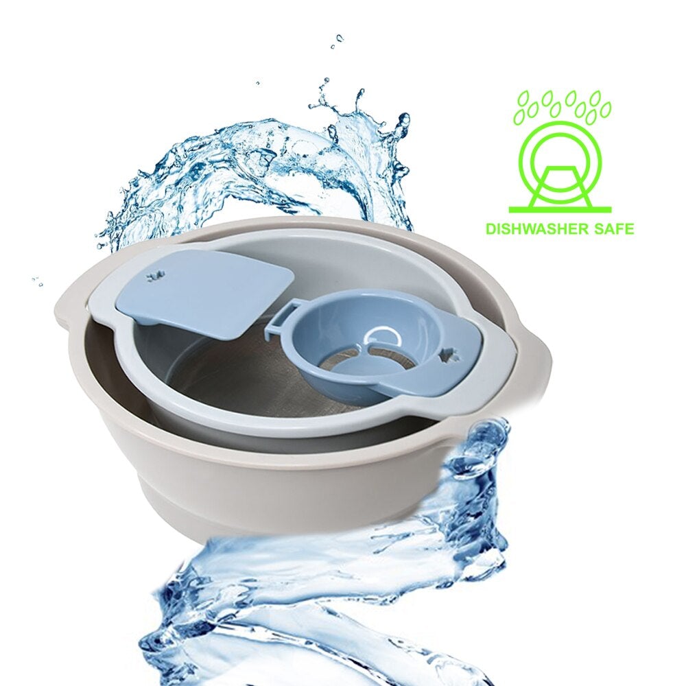 Nesting flour-sieve and bowl set with accessories shown with a water splash graphic.