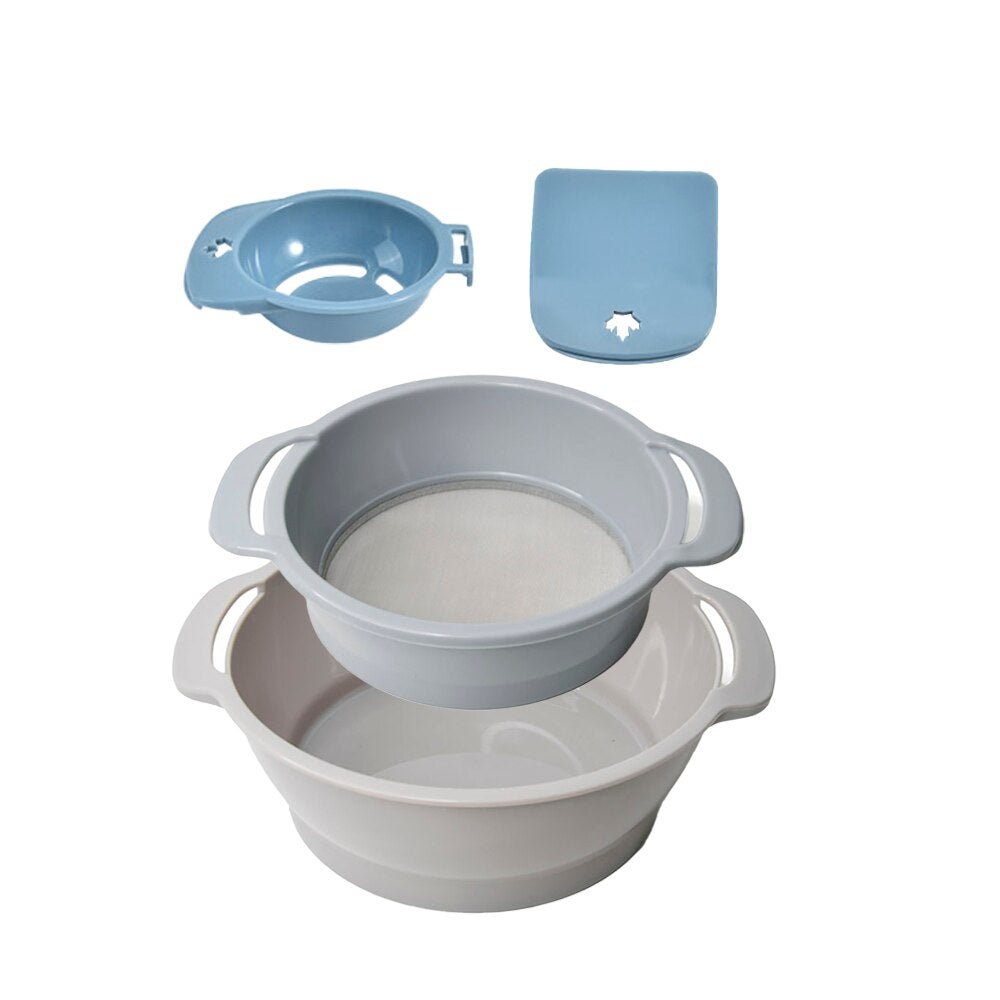 Flour-sieve and bowl set displayed with its separate accessories.