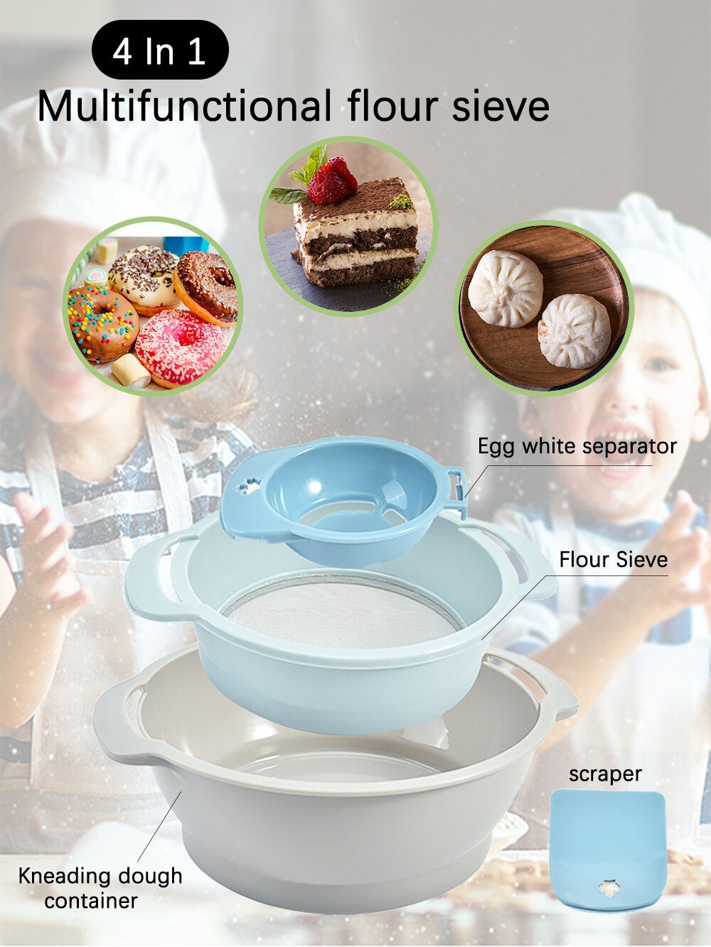 Illustrated uses of a multifunction flour-sieve and mixing-bowl set.