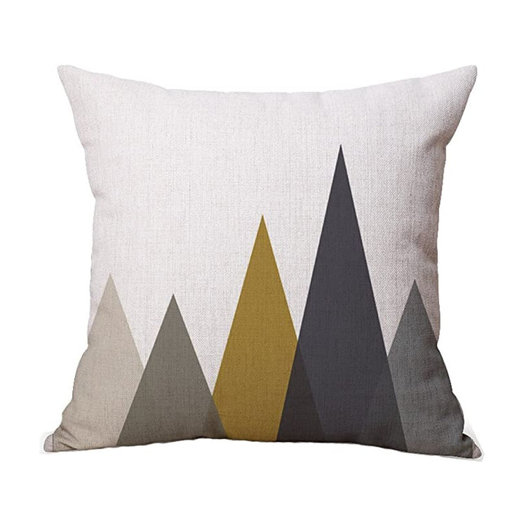 Cream cushion cover with tall mustard, grey and black triangles.