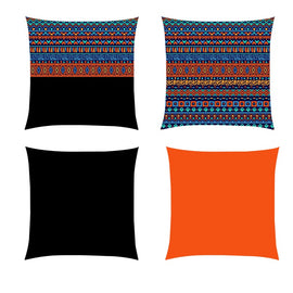 Four cushion covers with colourful geometric bands and plain black and orange designs.
