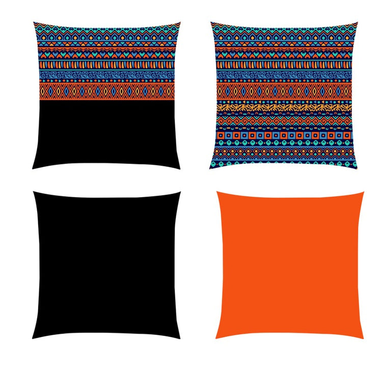 Four cushion covers with colourful geometric bands and plain black and orange designs.