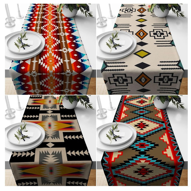 Four southwestern-style geometric table-runner designs shown with place settings.
