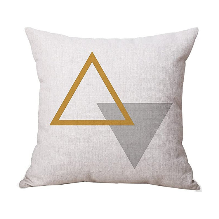 Cream cushion cover with a mustard outlined triangle overlapping a grey triangle.