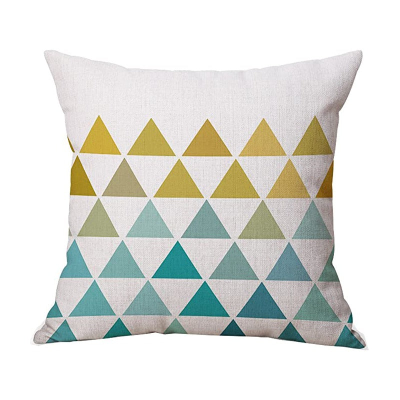 Cream cushion cover with rows of mustard, grey and teal triangles.