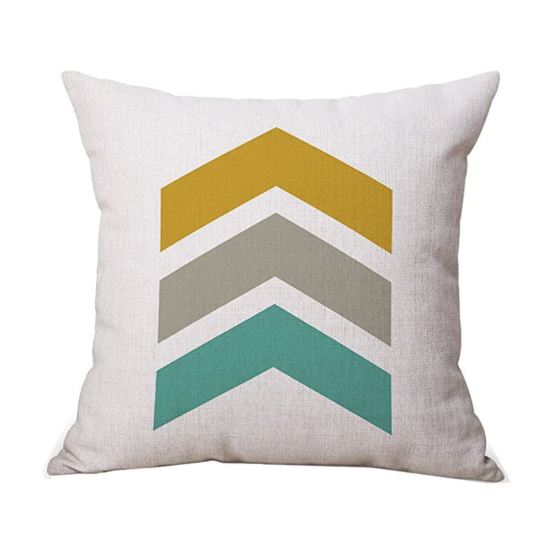 Cream cushion cover with broad mustard, grey and teal chevrons.