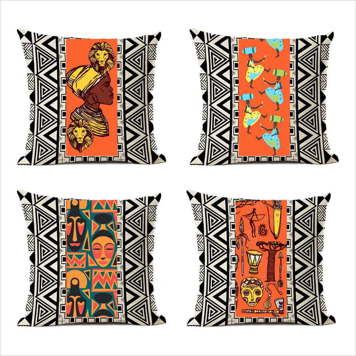 Four black and white geometric cushion covers with colourful central illustrated panels.