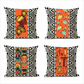 Four black and white geometric cushion covers with colourful central illustrated panels.