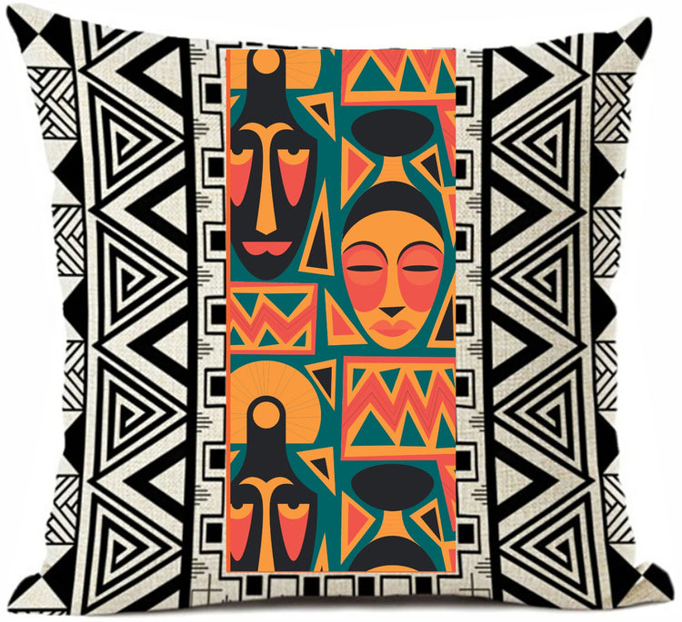 Cushion cover with colourful masks between black and white geometric borders.