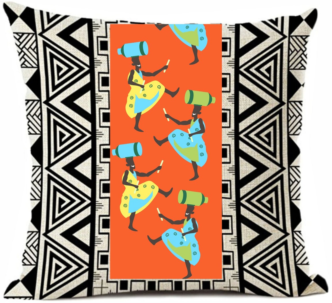 Cushion cover with colourful dancers on orange between black and white geometric borders.