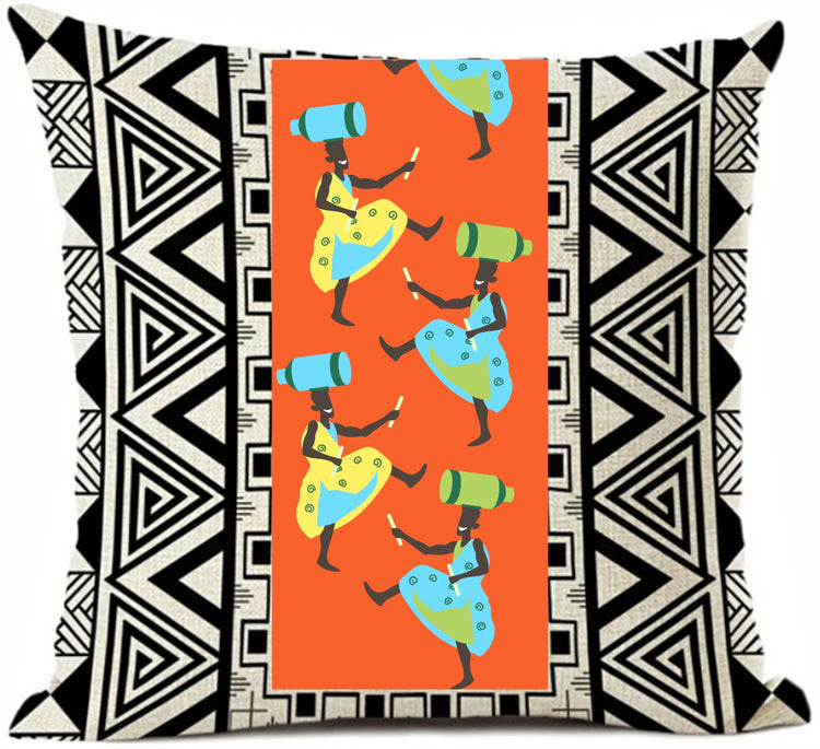Cushion cover with colourful dancers on orange between black and white geometric borders.