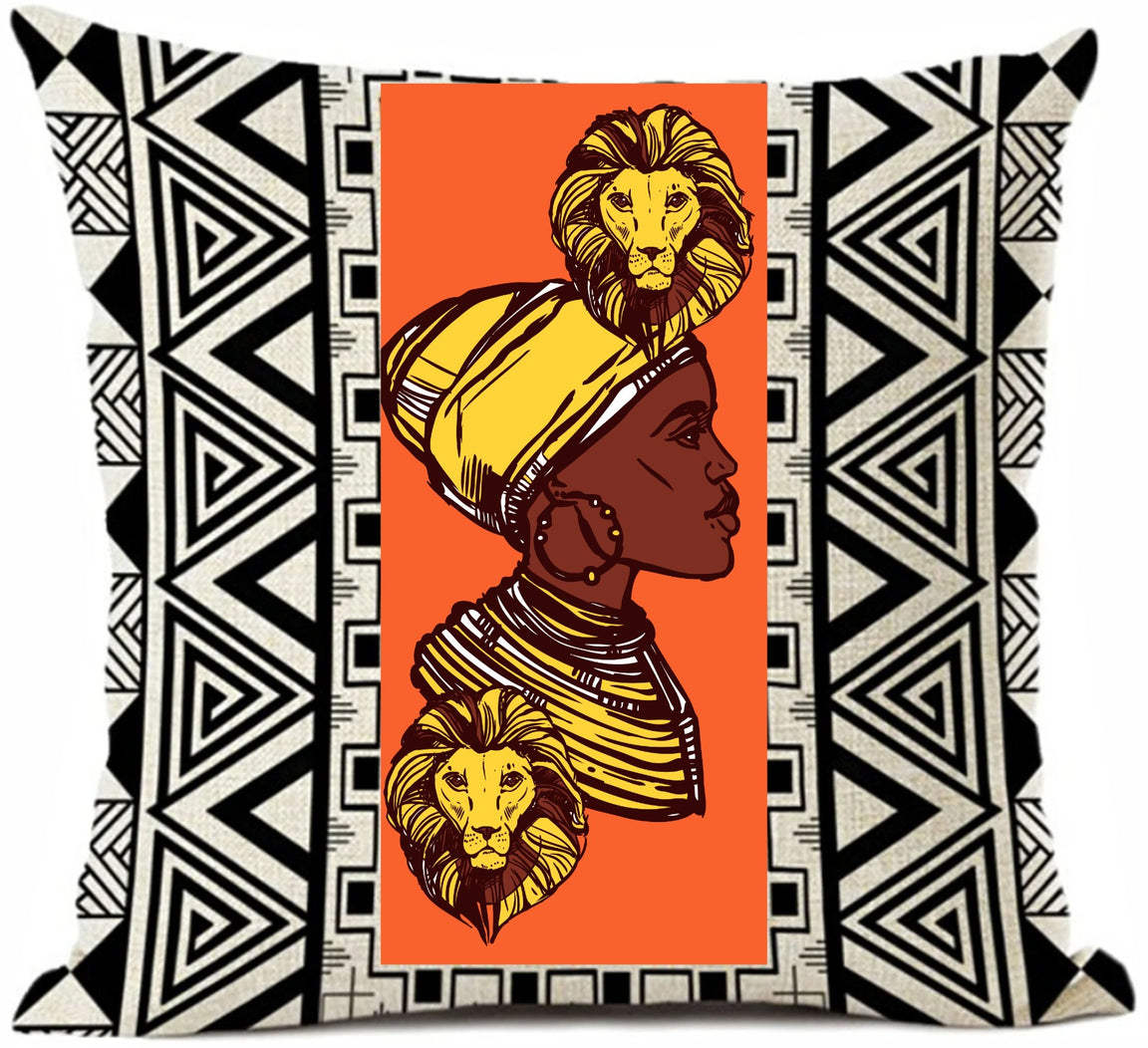 Cushion cover with an illustrated woman on orange between black and white geometric borders.