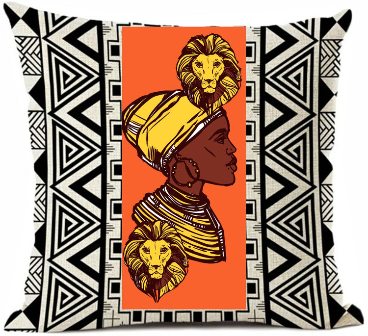 Cushion cover with an illustrated woman on orange between black and white geometric borders.