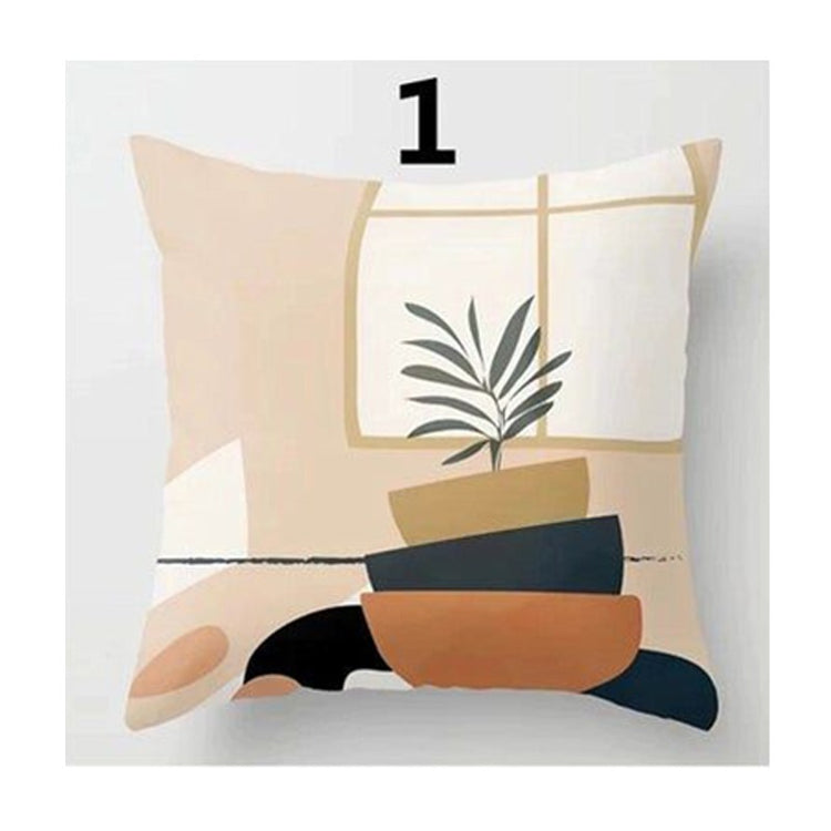 Cushion cover with abstract pots and a black leafy stem on a beige background.