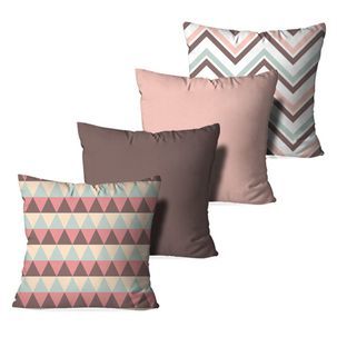 Four cushion covers in muted pink and brown with plain, triangle and chevron patterns.