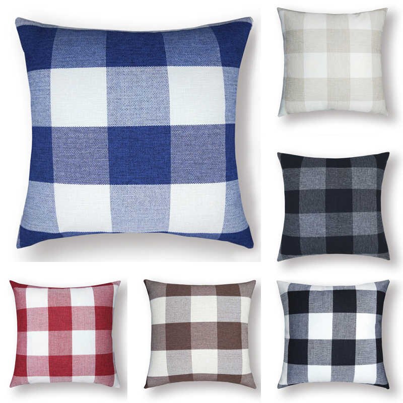 Checked filled cushions shown in blue, grey, red, brown and black colour options.