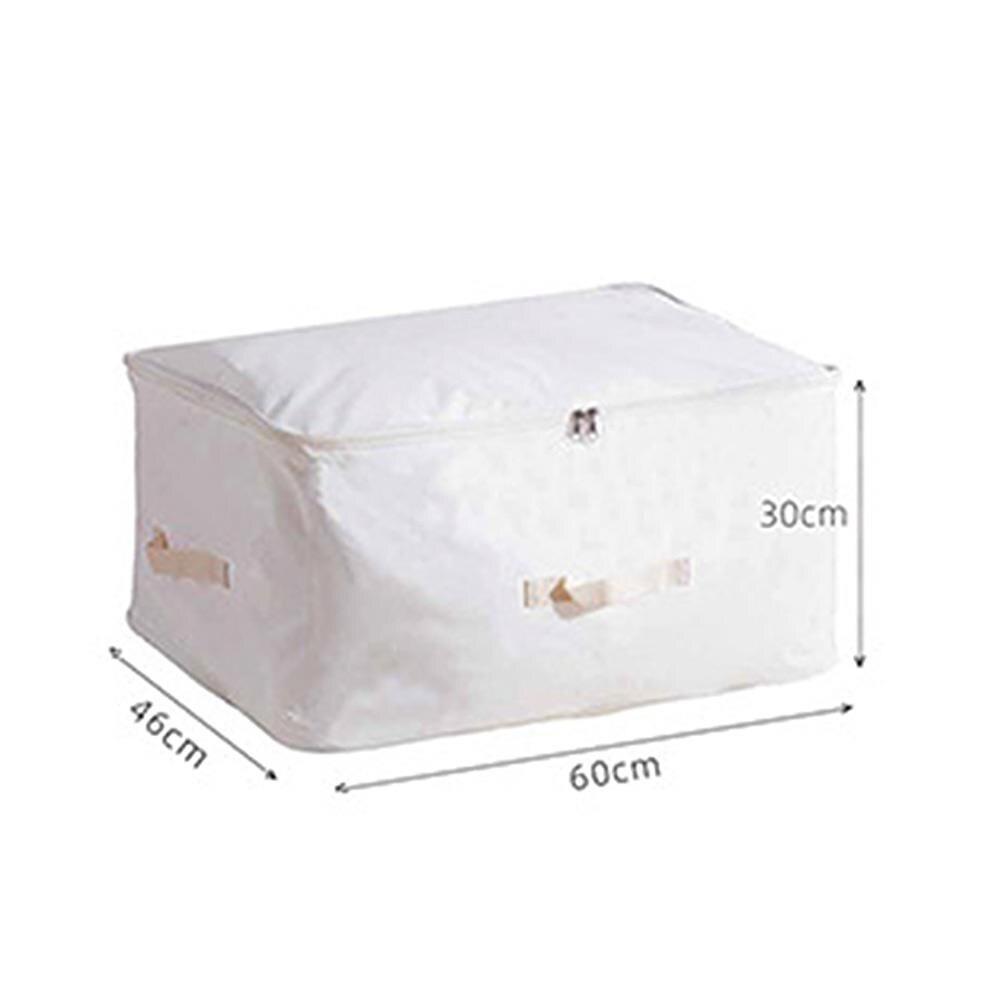 White fabric storage bag with a diagram showing its dimensions.