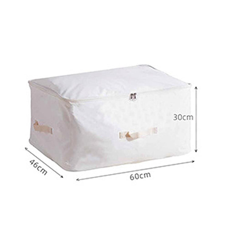 White fabric storage bag with a diagram showing its dimensions.