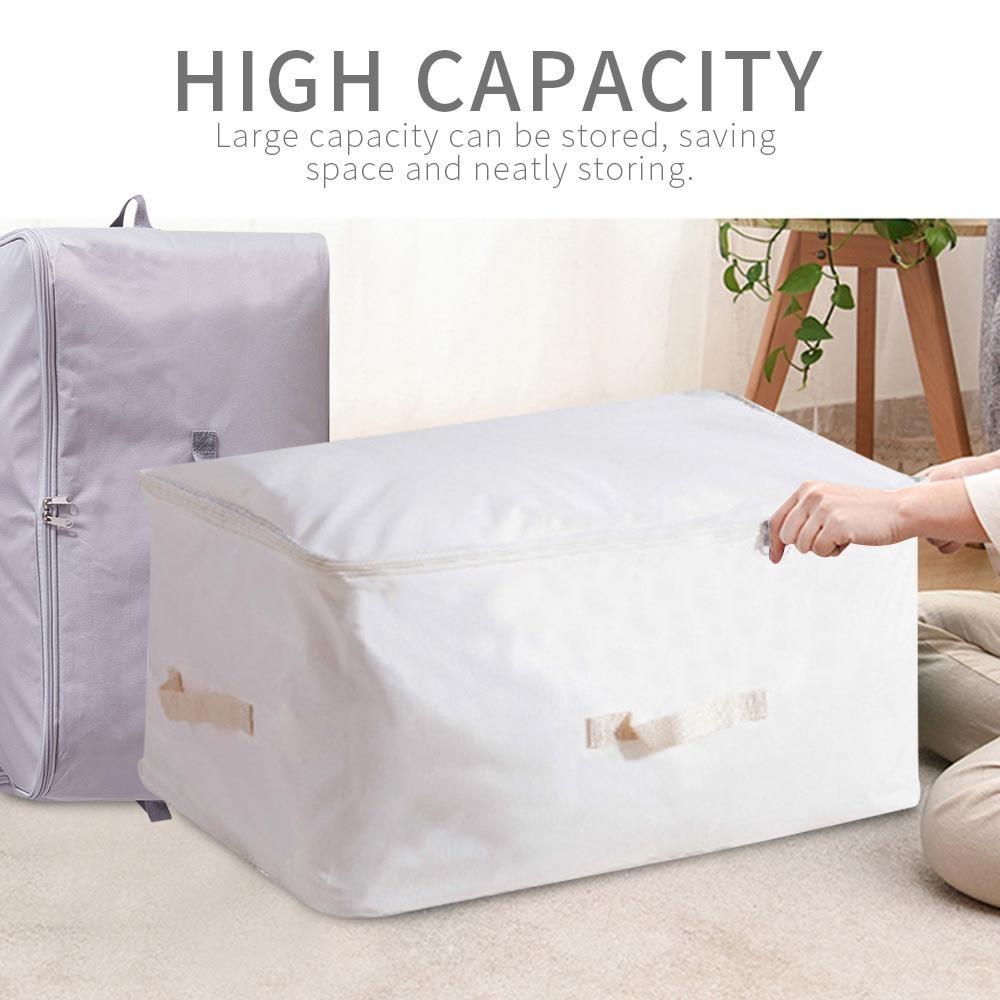 White zippered storage bag with a front handle beside a grey upright storage bag.