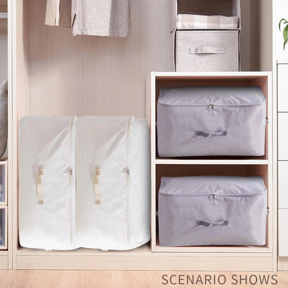 Large fabric storage bags arranged on wardrobe shelves.
