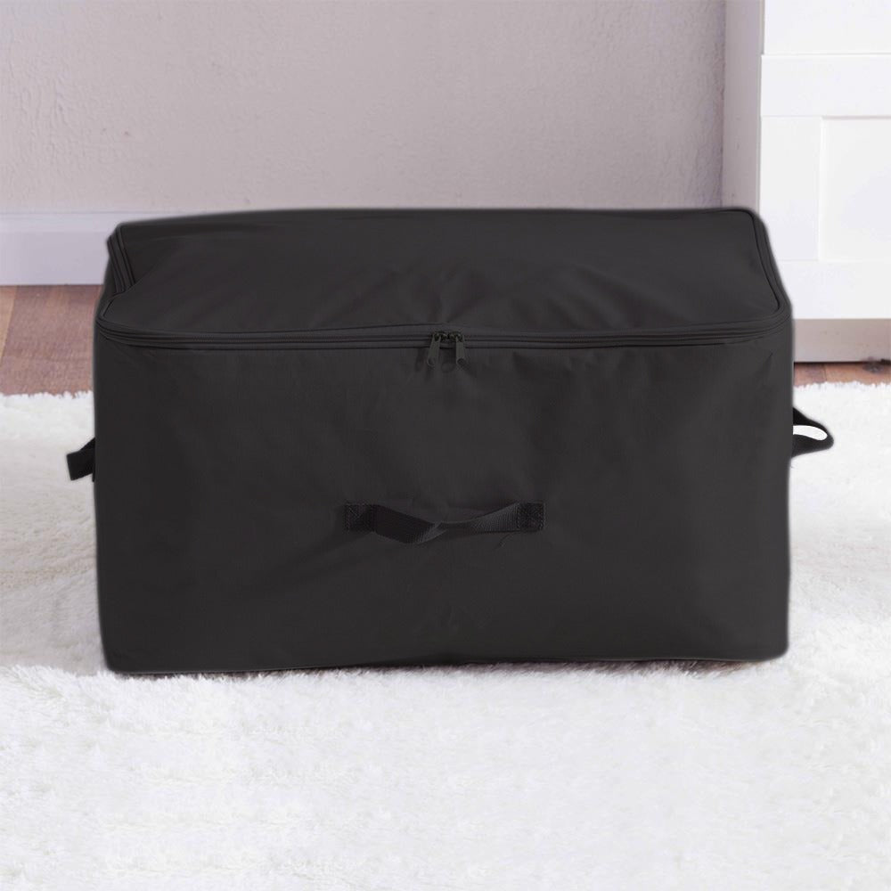 Black zippered fabric storage bag with side handles.