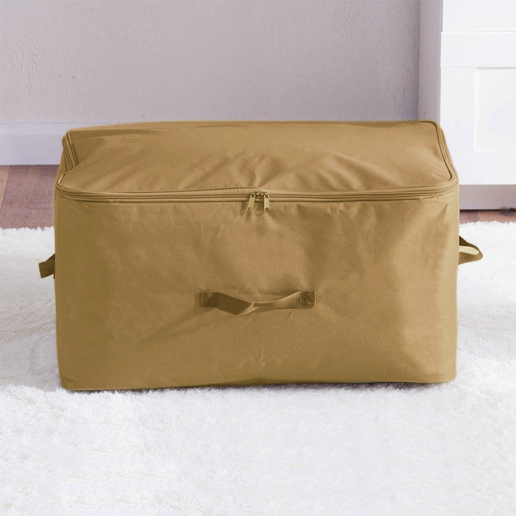 Mustard zippered fabric storage bag with side handles.