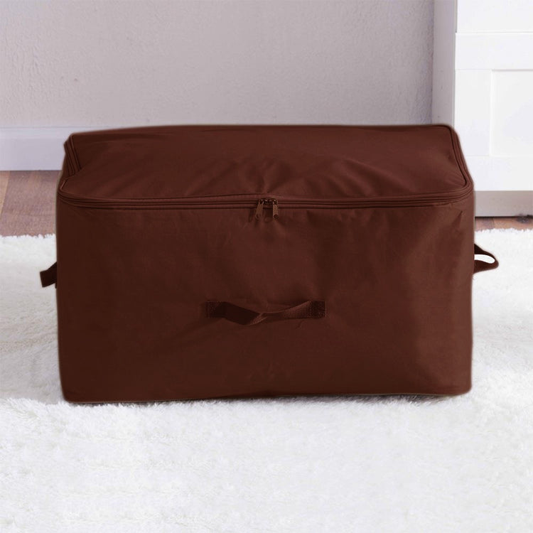 Brown zippered fabric storage bag with side handles.