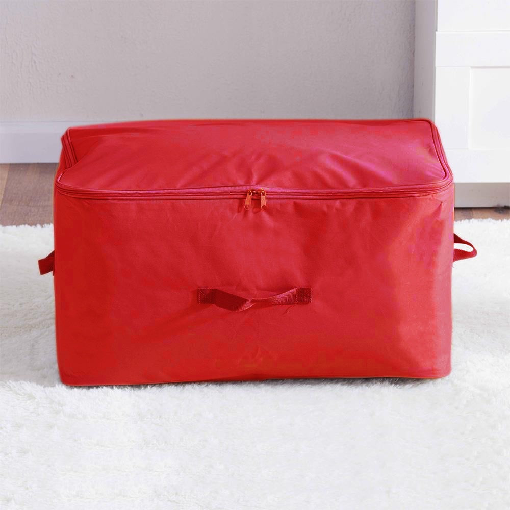 Red zippered fabric storage bag with side handles.