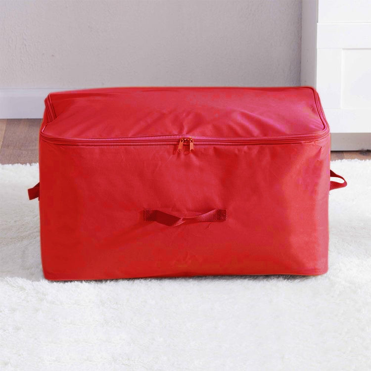 Red zippered fabric storage bag with side handles.