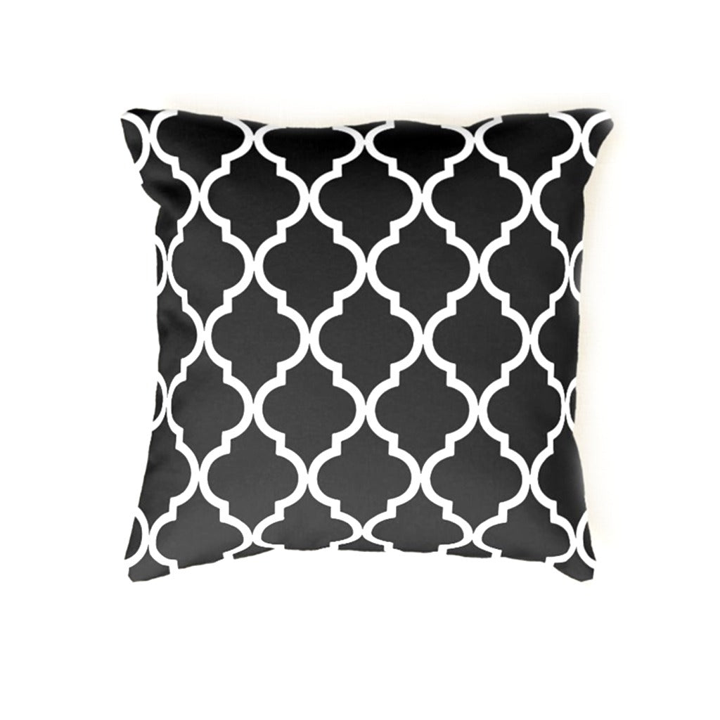 Black cushion cover with white trellis lines.