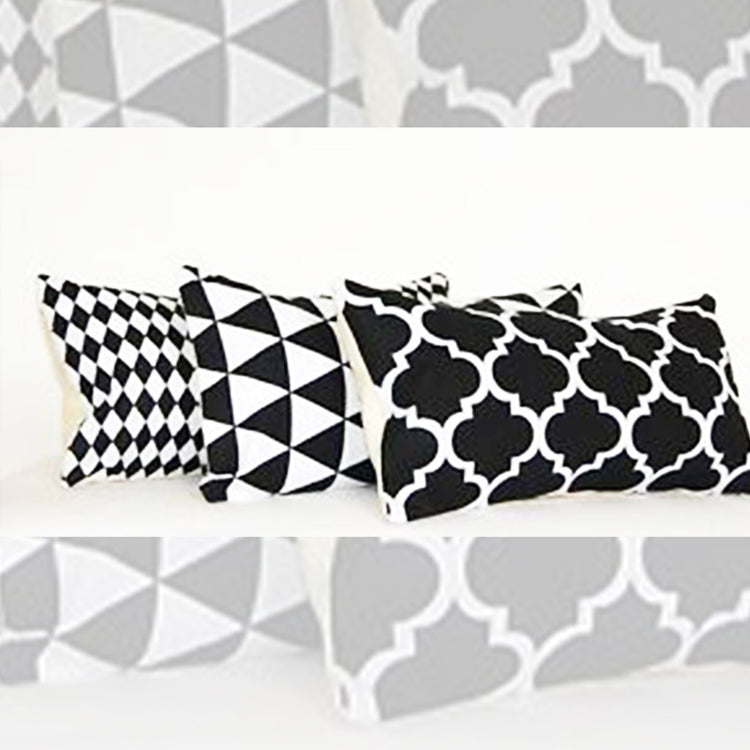 Black and white geometric cushion-cover designs shown together with grey pattern samples.