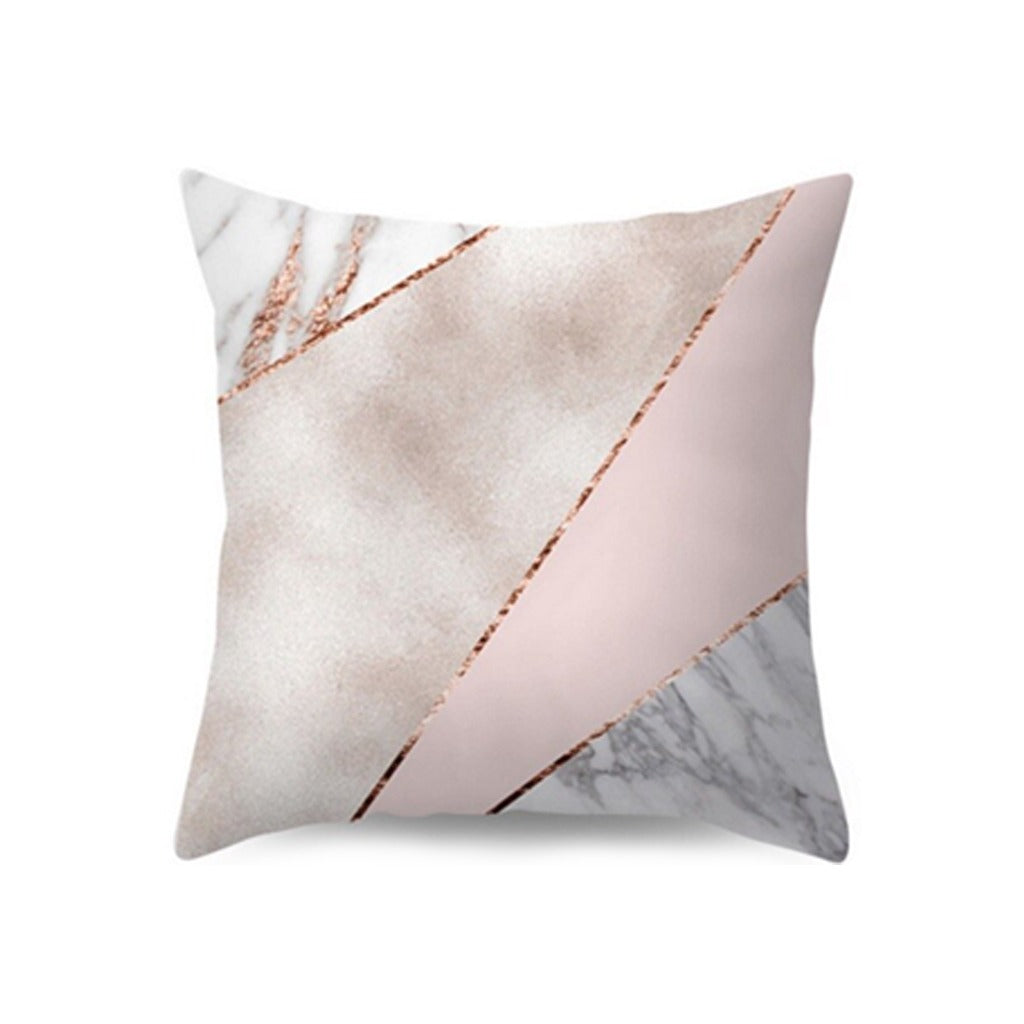 Pale pink and grey marble-style geometric cushion cover.