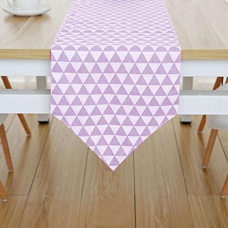 Lavender and white triangle-pattern table runner.